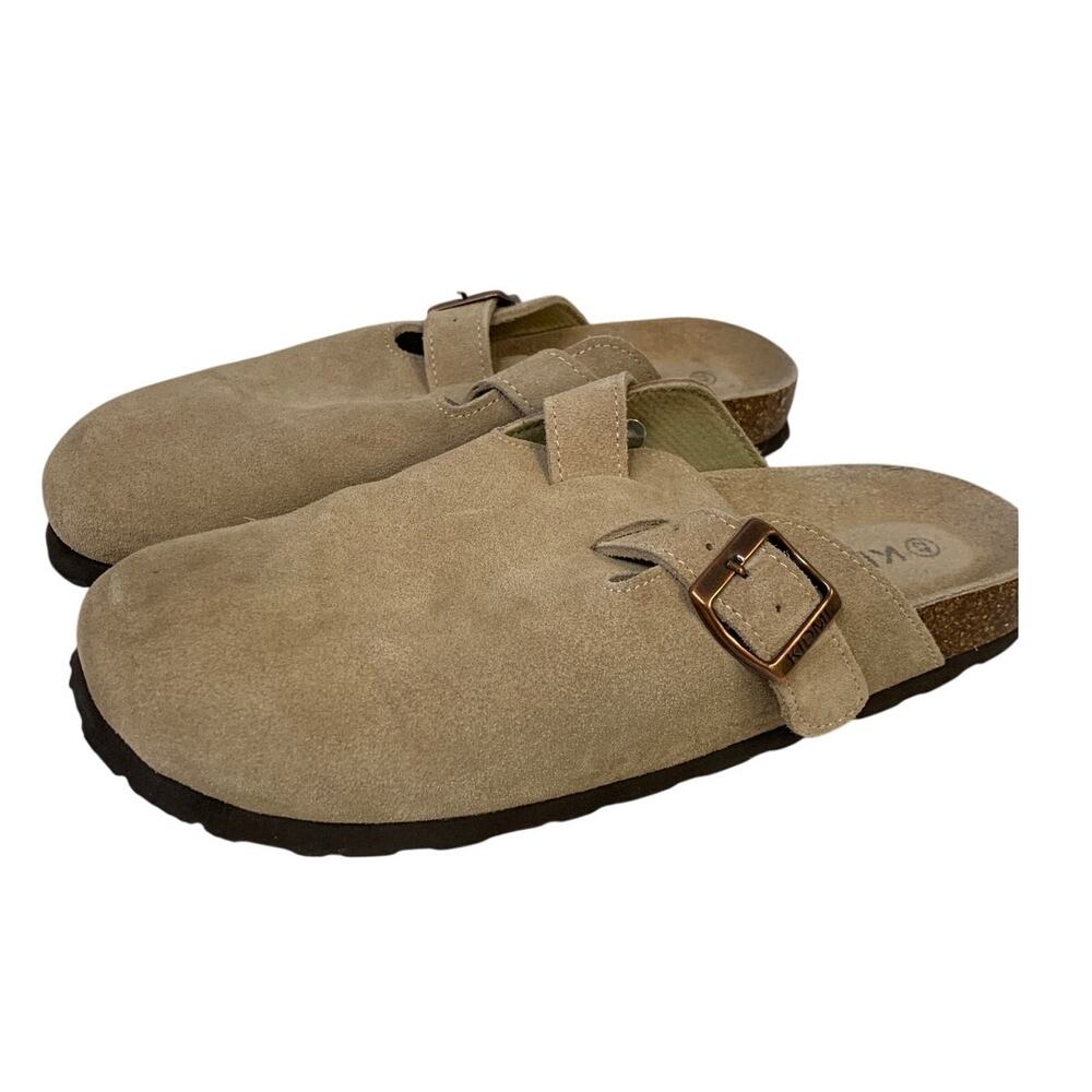 Kidmi Womens Size 11 Mocha Suede Clogs Round Toe Buckle Strap Slip On Shoes
